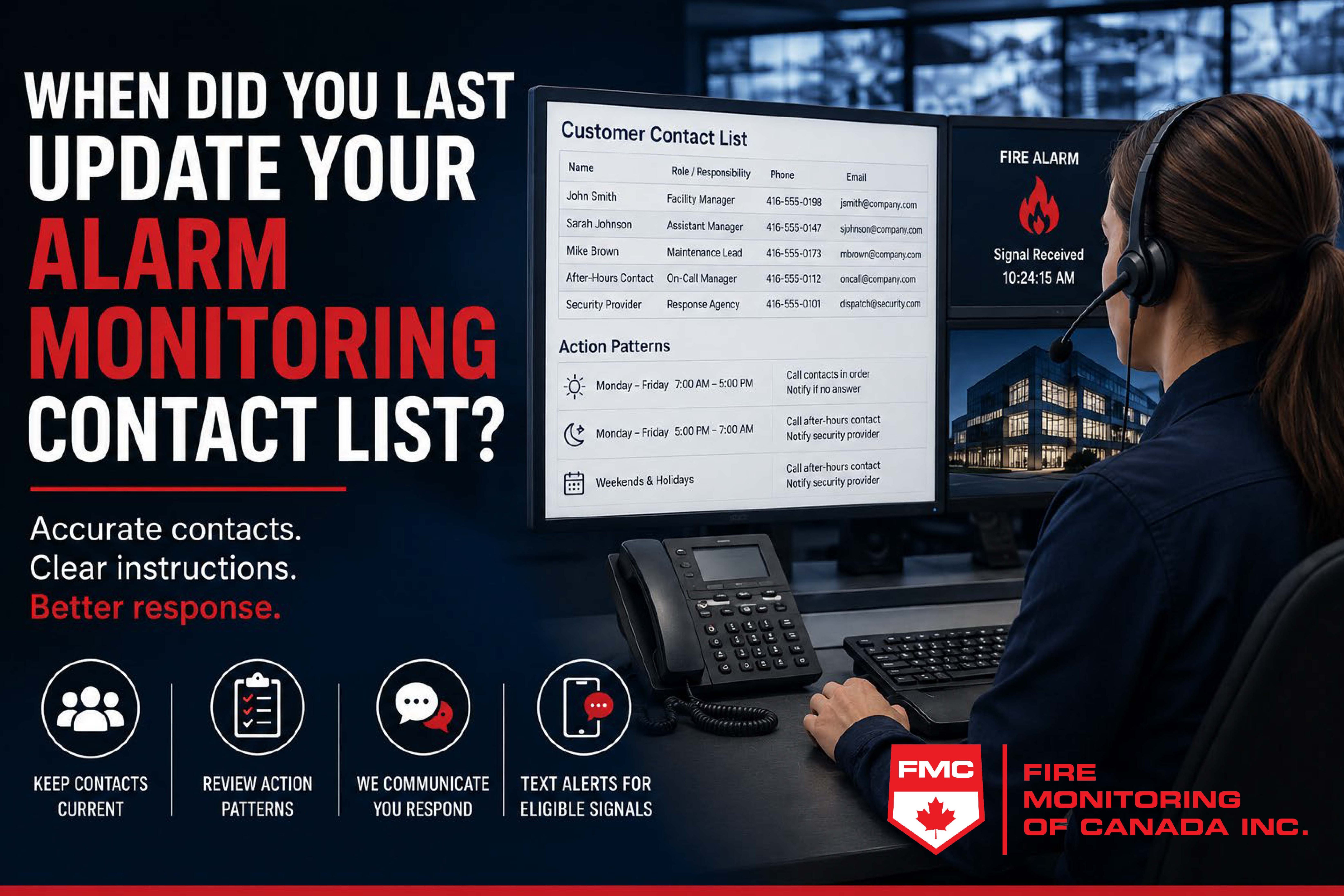 FMC alarm monitoring operator reviewing an updated customer contact list