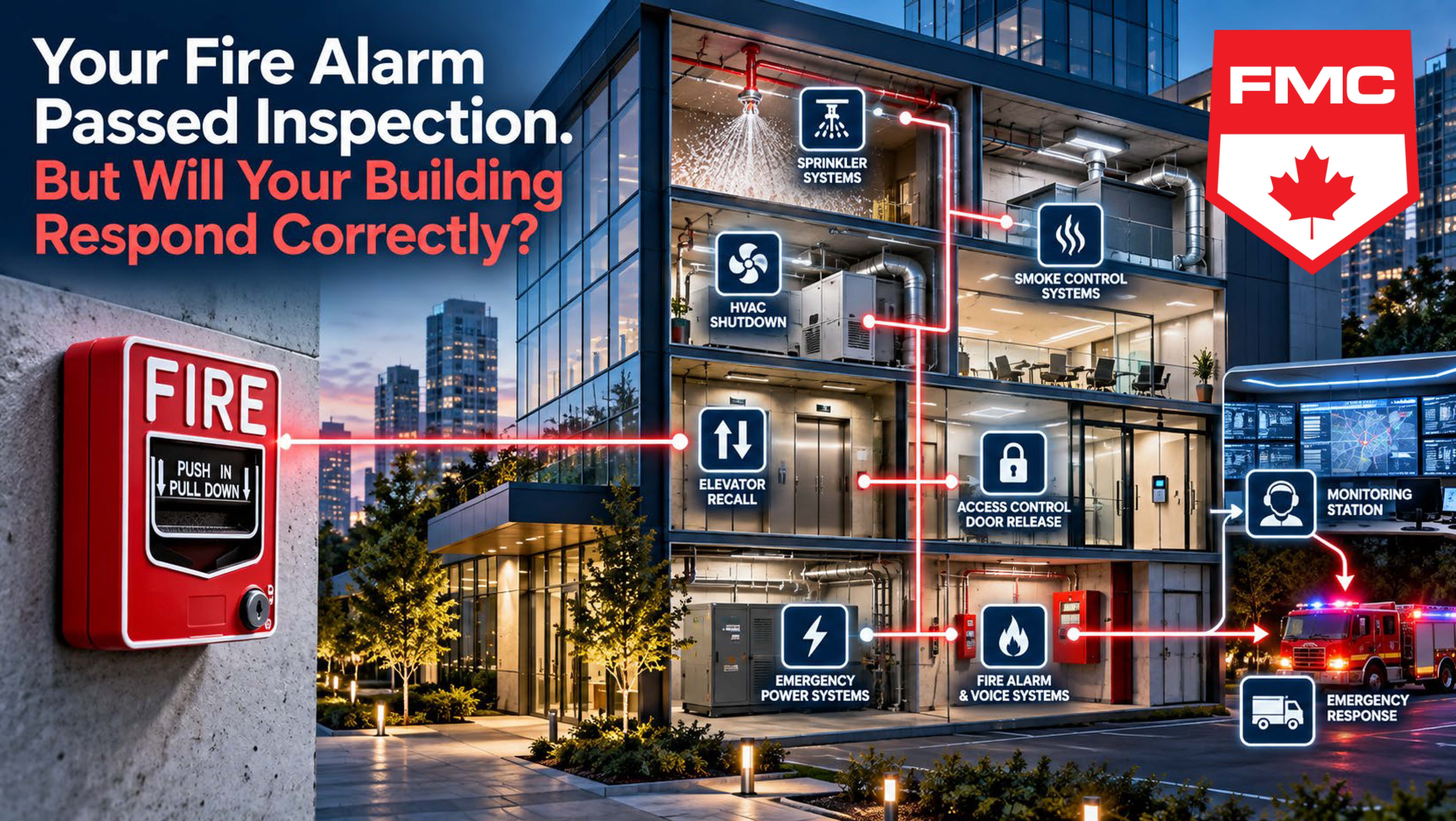 Integrated life-safety systems in a commercial building showing fire alarm, sprinklers, HVAC, elevator recall, access control, monitoring and emergency response.